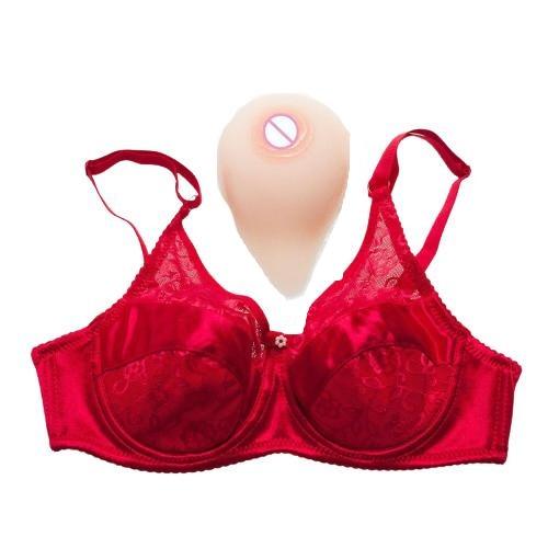 Teardrop Shaped Silicone Breast Forms with Red Pocket Bra