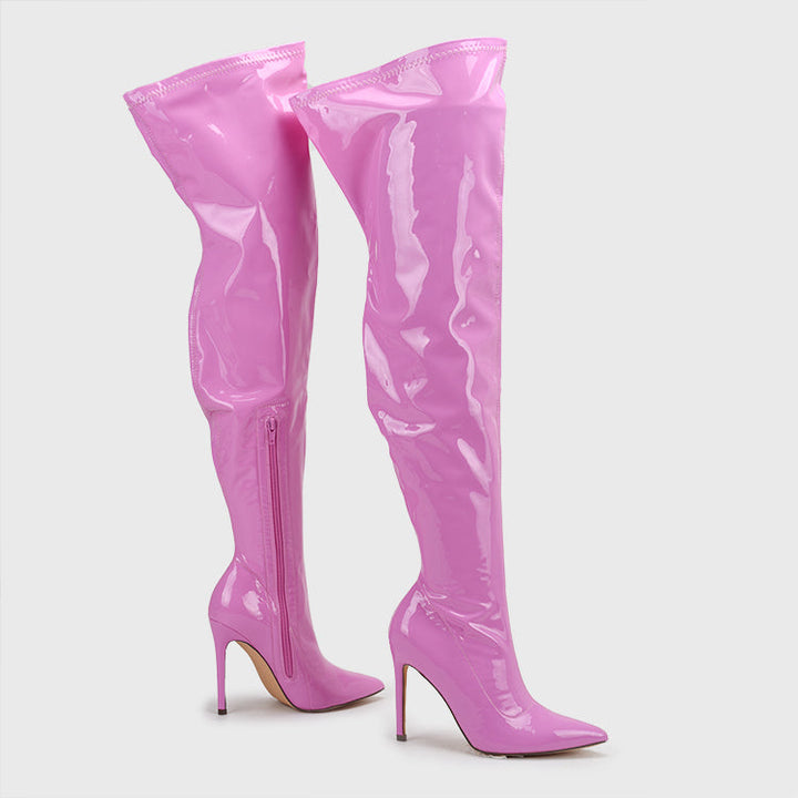 Large size super high heel stretch patent leather stovepipe over-the-knee boots