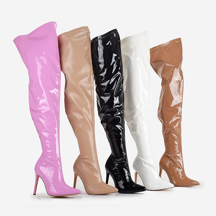 Large size super high heel stretch patent leather stovepipe over-the-knee boots